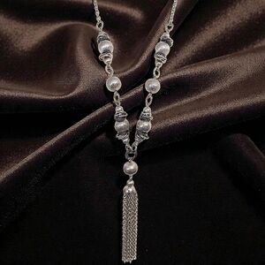 Y Drop Beaded Tassel Chain Necklace Bohemian Western Witchy Silver Tone Gypsy